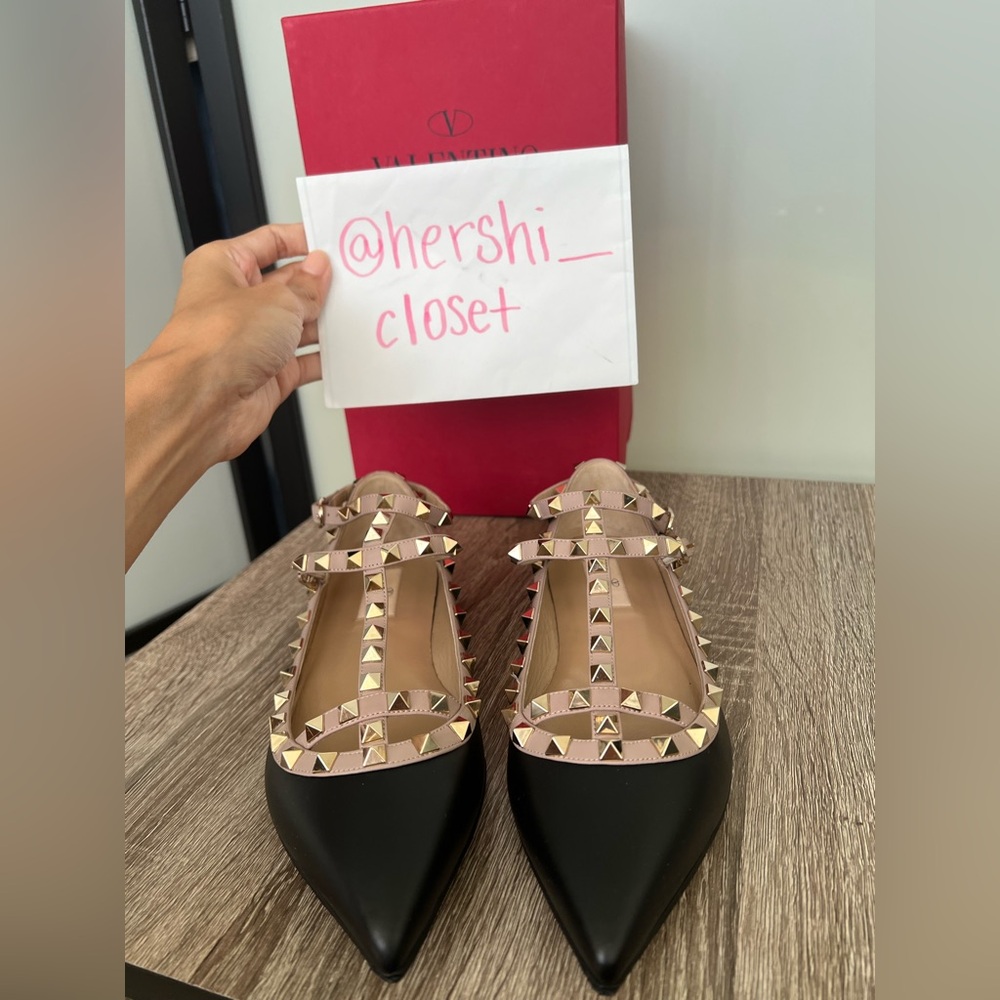Valentino Garavani Black Calfskin Rockstud Caged Ballerina Flats 39.5 - Picture 8 of 10